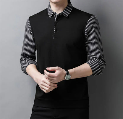 New Men's Casual and Fashionable Long Sleeved POLO Shirt with Contrasting Print Anti Wrinkle Top