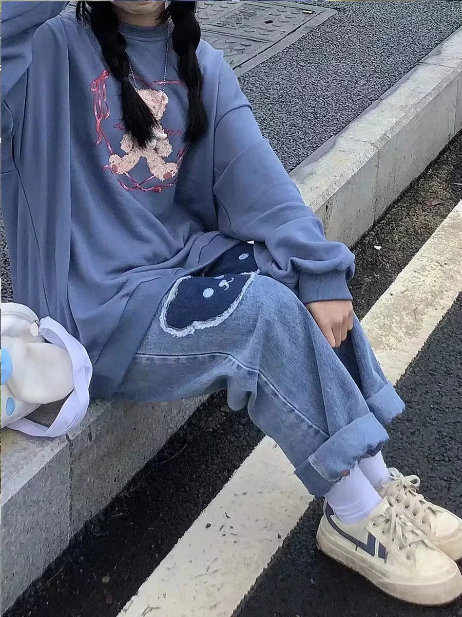 Cute Hip Hop Bear Print Jeans Girls Cool Harm Pants