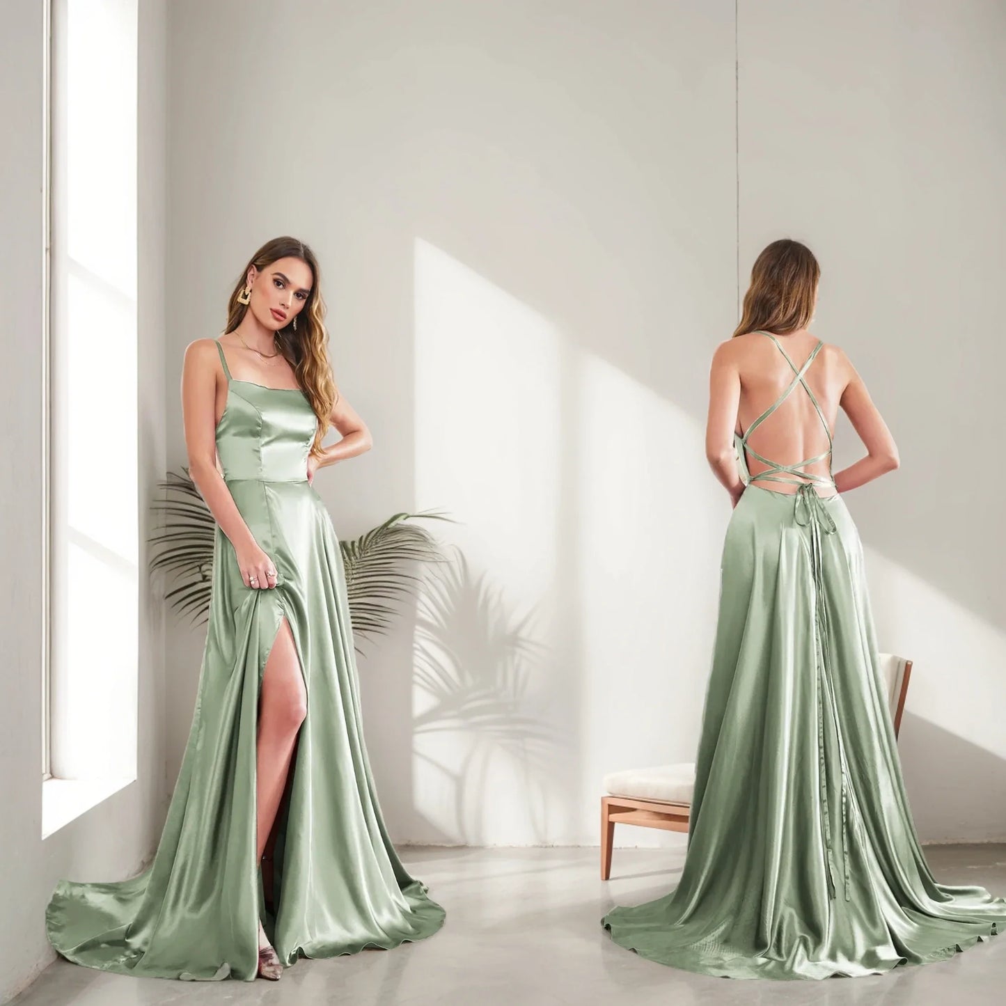 Women Sexy Prom Dresses Lace-Up Spaghetti Straps Backless Sling Evening Dress Satin A-Line High Split Maxi Train Party Gowns