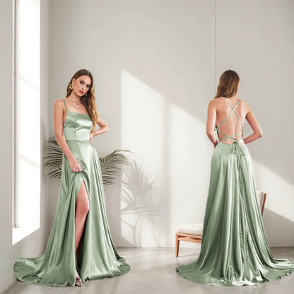 Women Sexy Prom Dresses Lace-Up Spaghetti Straps Backless Sling Evening Dress Satin A-Line High Split Maxi Train Party Gowns