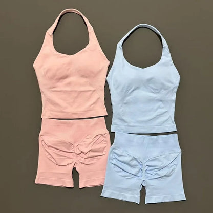 Women Seamless Gym Set 2Pcs Halter Neck Sports Crop Top High Waist Scrunch Butt Shorts Workout Fitness Yoga Tracksuit Sportswear