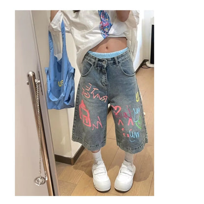 Casual Knee-Length Jeans with Colorful Drawing Fashion Shorts Pants