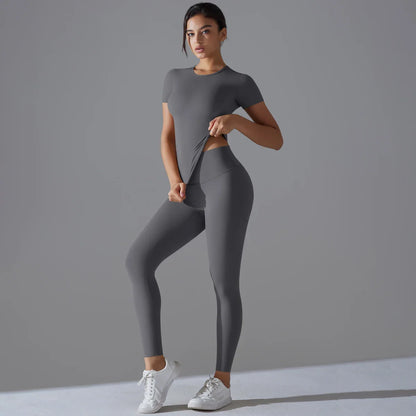 Yoga Set Women Workout Set Sportswear Gym Clothing Fitness Shorts Sleeve Crop Top High Waist Leggings Sports Suits