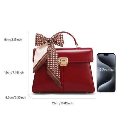 Genuine Leather Handbag with Scarf | Luxury Designer Trendy Shoulder Bag Solid Color Commuting Bag | bags for women gift