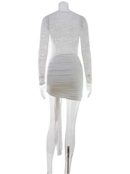 Lace Sheer Bodycon Sexy Club Women Dresses Solid Hip Wrap Fitness Skinny Trendy O Neck Long Sleeve Female Streetwear