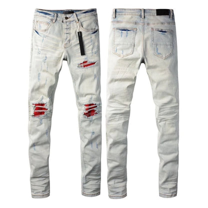 Calça Jeans Masculina de Cintura Reta Rasgada, Cor Sólida, Elástica, Respirável, Confortável e de Alta Qualidade, Nova Tendência Primavera Outono