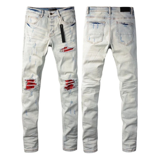 Spring and Autumn New Trend Solid Color Straight Tube Ripped Stretch Jeans Men Casual Comfortable Breathable High-Quality Jeans