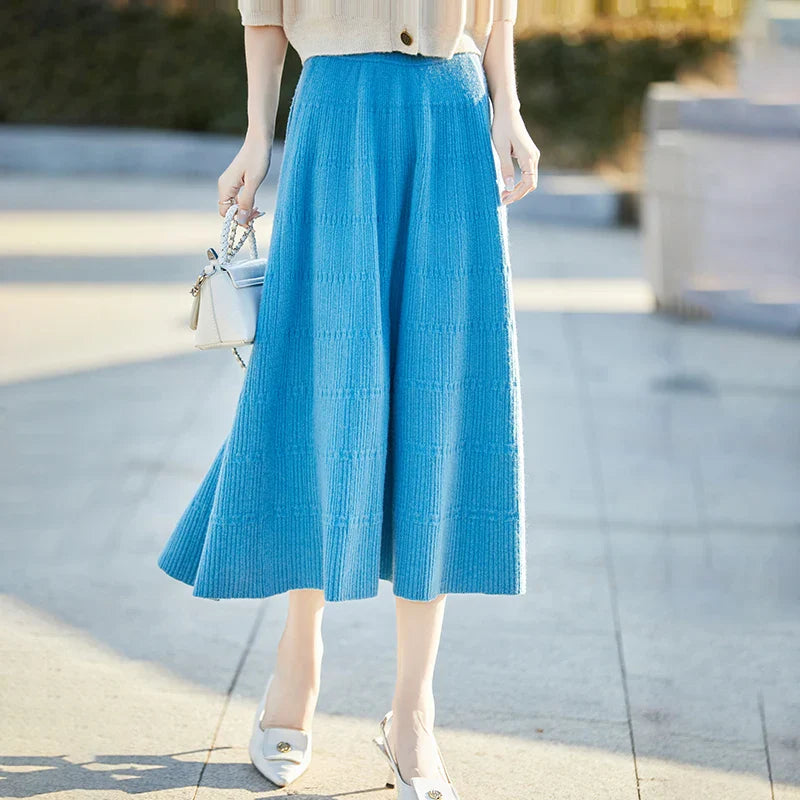 Autumn And Winter High Waist 100% Pure Wool Skirt Female Slim Long Knitted Wool Skirt Loose Wearing A-Line Skirt