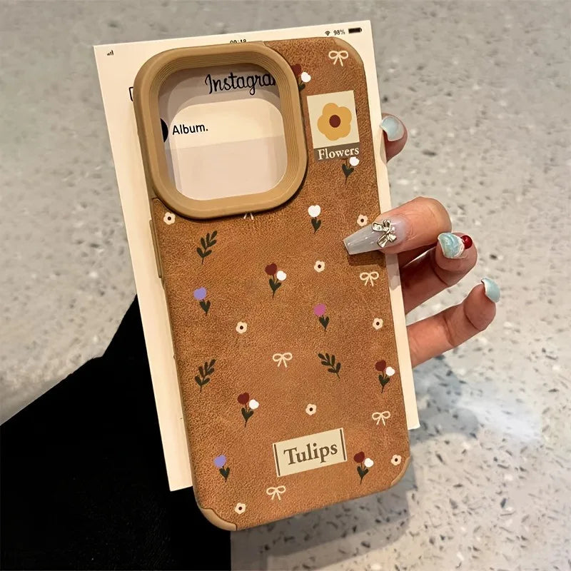 Branches and Leaves Broken Flowers Bonded Leather Phone Case For iPhone 17 16 Pro Max 15 14 Plus 13 12 11 XS X XR 17 Air Cover