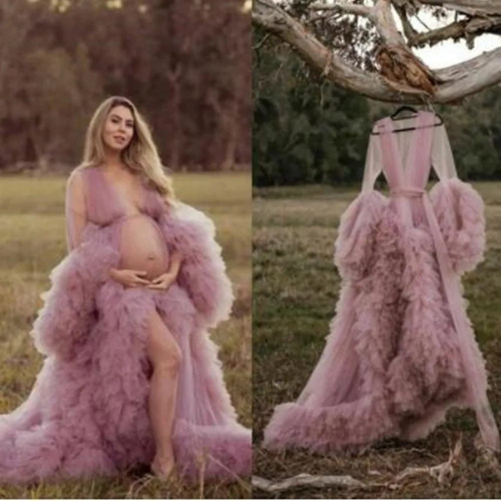 Maternity Star Dresses Robe Tiered Ruffles Photoshoot Babyshower Bathrobe Maternity Dress Sexy Kimono Party Birthday Gowns