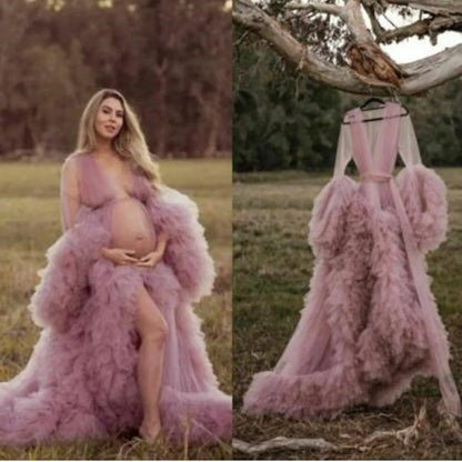 Maternity Star Dresses Robe Tiered Ruffles Photoshoot Babyshower Bathrobe Maternity Dress Sexy Kimono Party Birthday Gowns