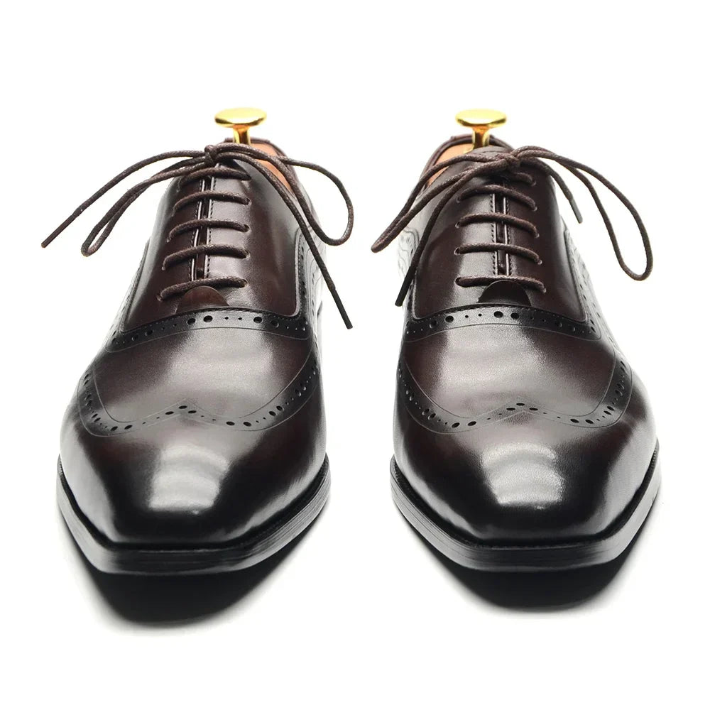 Luxury Mens Wingtip Oxford Dress Shoes Genuine Leather Brogue Dark Brown Lace-up Pointy Toe Business Office Wedding Formal Shoes