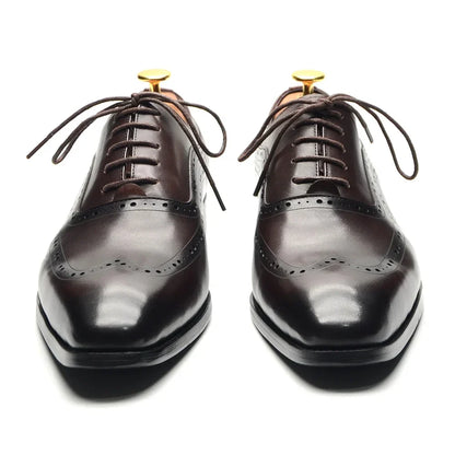 Luxury Mens Wingtip Oxford Dress Shoes Genuine Leather Brogue Dark Brown Lace-up Pointy Toe Business Office Wedding Formal Shoes