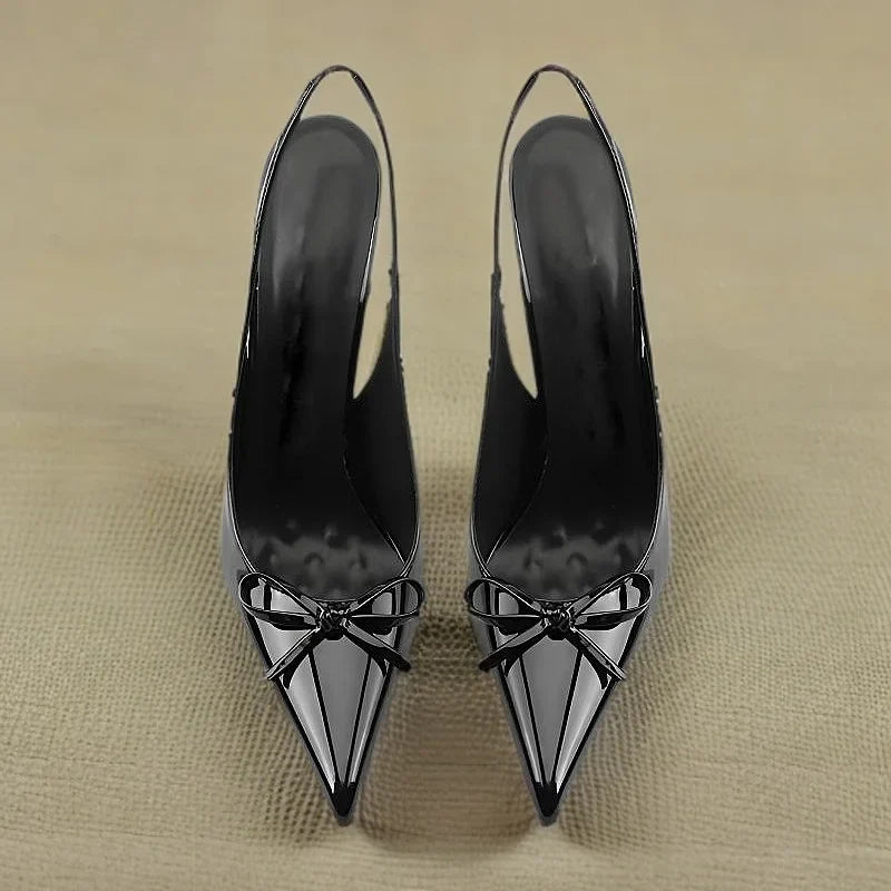 New black nude wine red patent leather pointed small bow back empty style plus size socialite high-heeled sandals