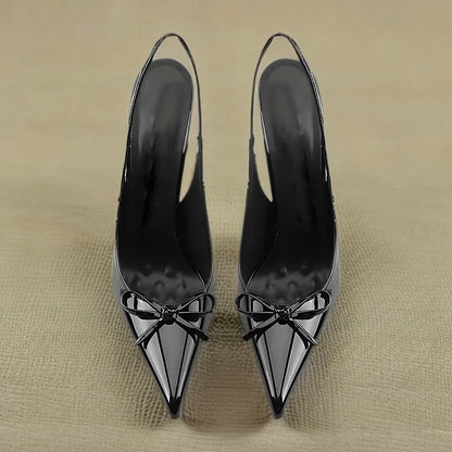 New black nude wine red patent leather pointed small bow back empty style plus size socialite high-heeled sandals