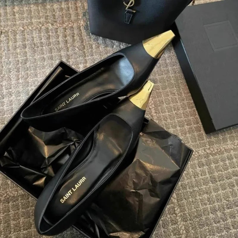Women's New Stiletto Heels Spring Fashion Metal Pointed Leather Shallow Mouth Non-slip Wear-resistant Single Shoes