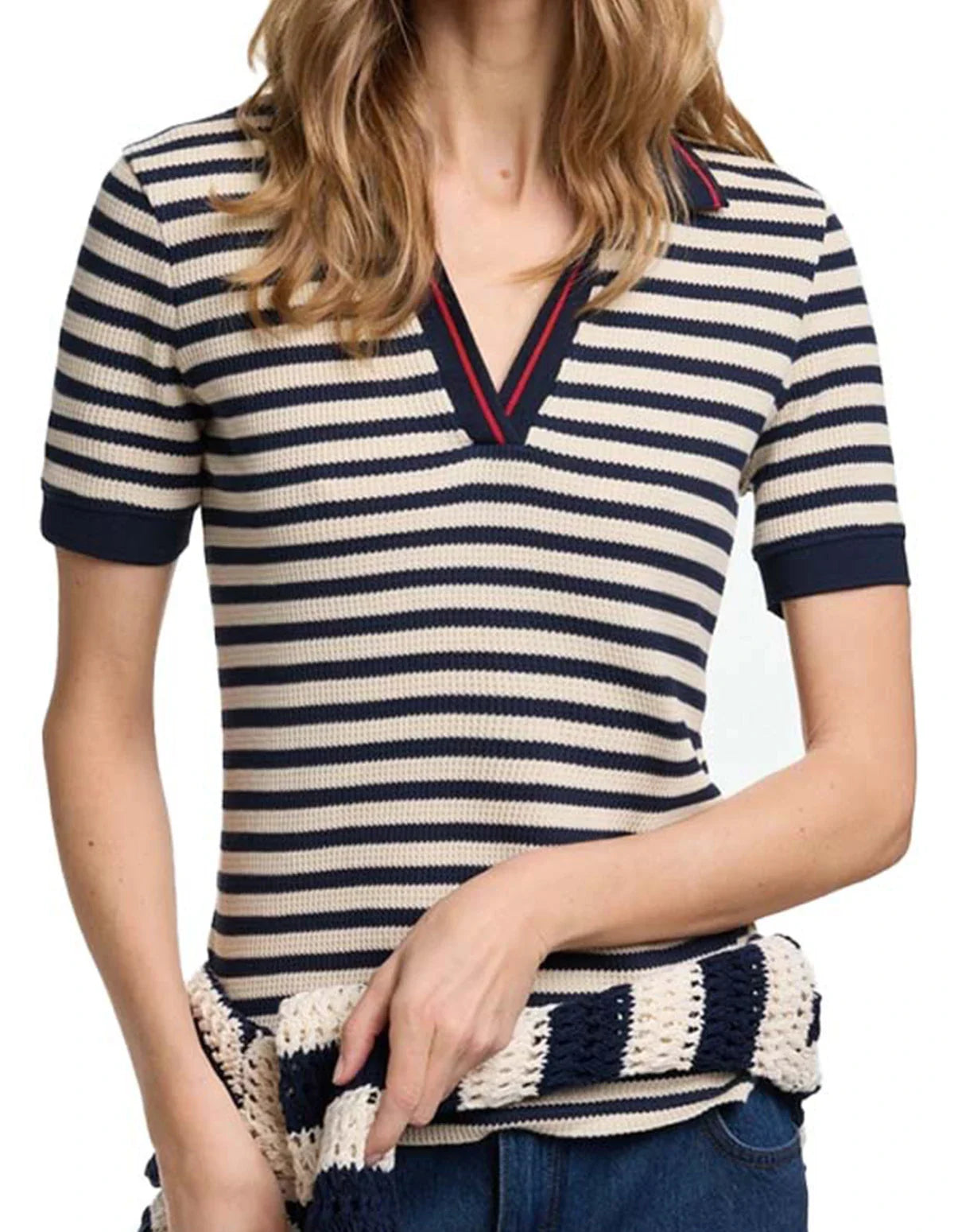 Fashion Stripe Knitted Polo Neck T Shirt For Women Soft Chic Short Sleeve Casual Pullovers 2025 Summer New Lady Street Tops