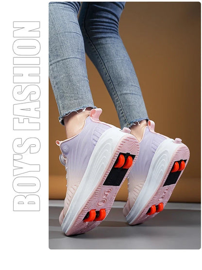 New Glow-in-the-dark Rotary Roller Skates Girls Invisible Four-wheel Retractable Walk-on Shoes Boy for Students Sizes 29-41