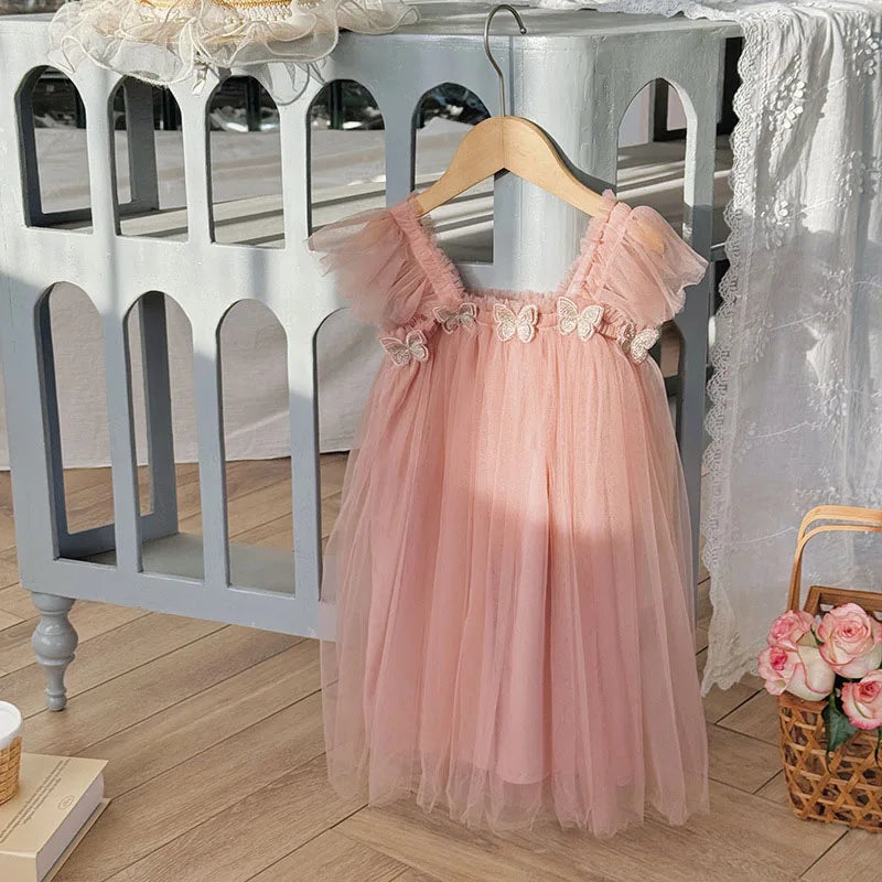 Vestidos de Tule de Malha de Princesa para Meninas, Tutu, Vestido de Aniversário de Sereia com Borboletas 3D para Crianças de 1 a 6 Anos, Vestido de Princesa Infantil