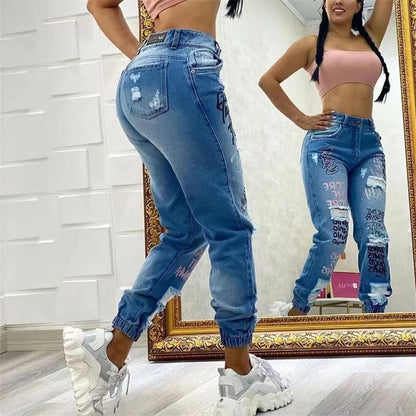 Fashion Alphabet Print Stretch Leg Pencil Jeans Women Trend Broken Holes Denim Pants Female Slim Mid Waist Button Chic Trousers