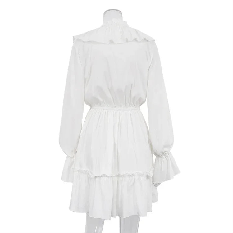 White Ruffle Bandage Mini Dress Women's Elegant Patchwork Long Sleeve Dress New Slim V Neck Lace Up Summer Mini Dress