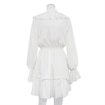 White Ruffle Bandage Mini Dress Women's Elegant Patchwork Long Sleeve Dress New Slim V Neck Lace Up Summer Mini Dress