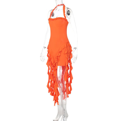 Elegant Halter Solid Ruffles Backless Taseel Sexy Slim Mini Dress Spring Women Cute Outfits Birthday Party Vacation