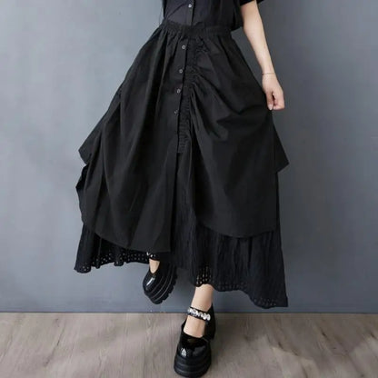 Spring And Summer Woman Hollow-out Splicing Irregular Fashion Loose Patchwork Drawstring Elastic Waist Pleated Umbrella Skirt