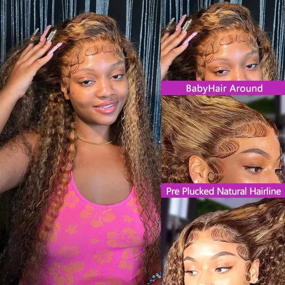 30 Inch Curly Highlight Ombre Lace Front Wig Human Hair Wigs Colored Deep Wave 13X6 Hd Lace Frontal Wig Pre Plucked 250 Density