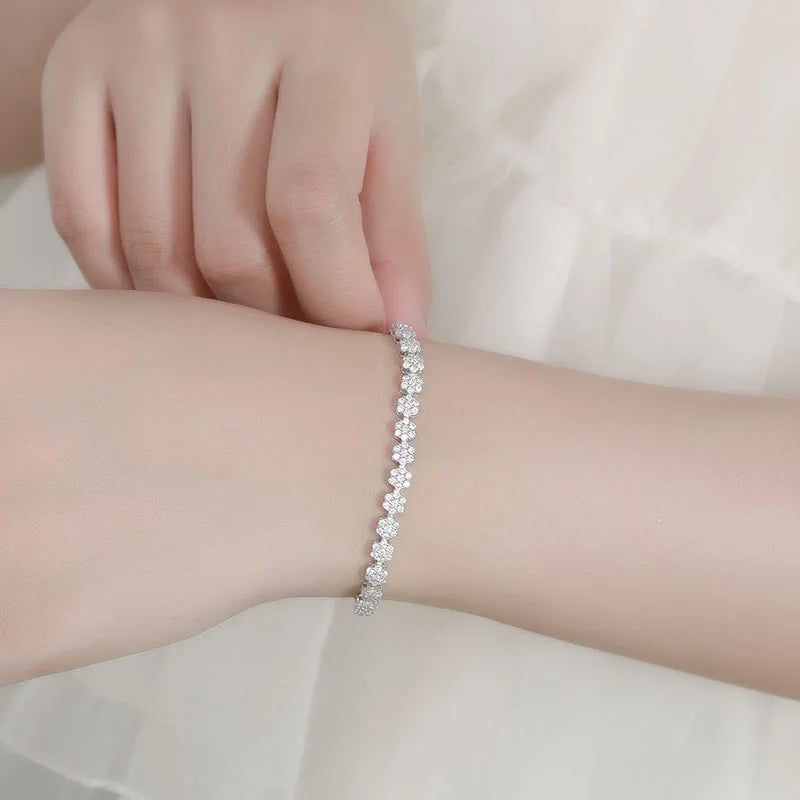 Flower Full 1.5mm D Color Moissanite Diamond Tennis Bracelet for Women 925 Silver GRA Certified Bridal Wedding Bangle Gift