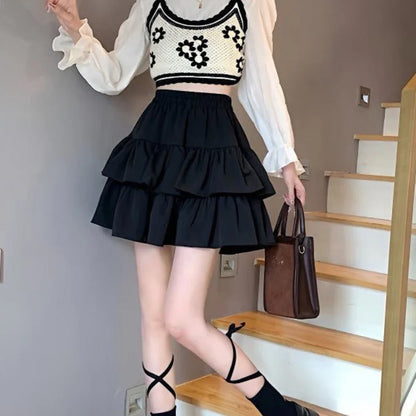 High Waist Layered Splice Short Skirt Pure Color Iron Free Polyester Blend Summer Cake Design Sweet Half Body Skirt