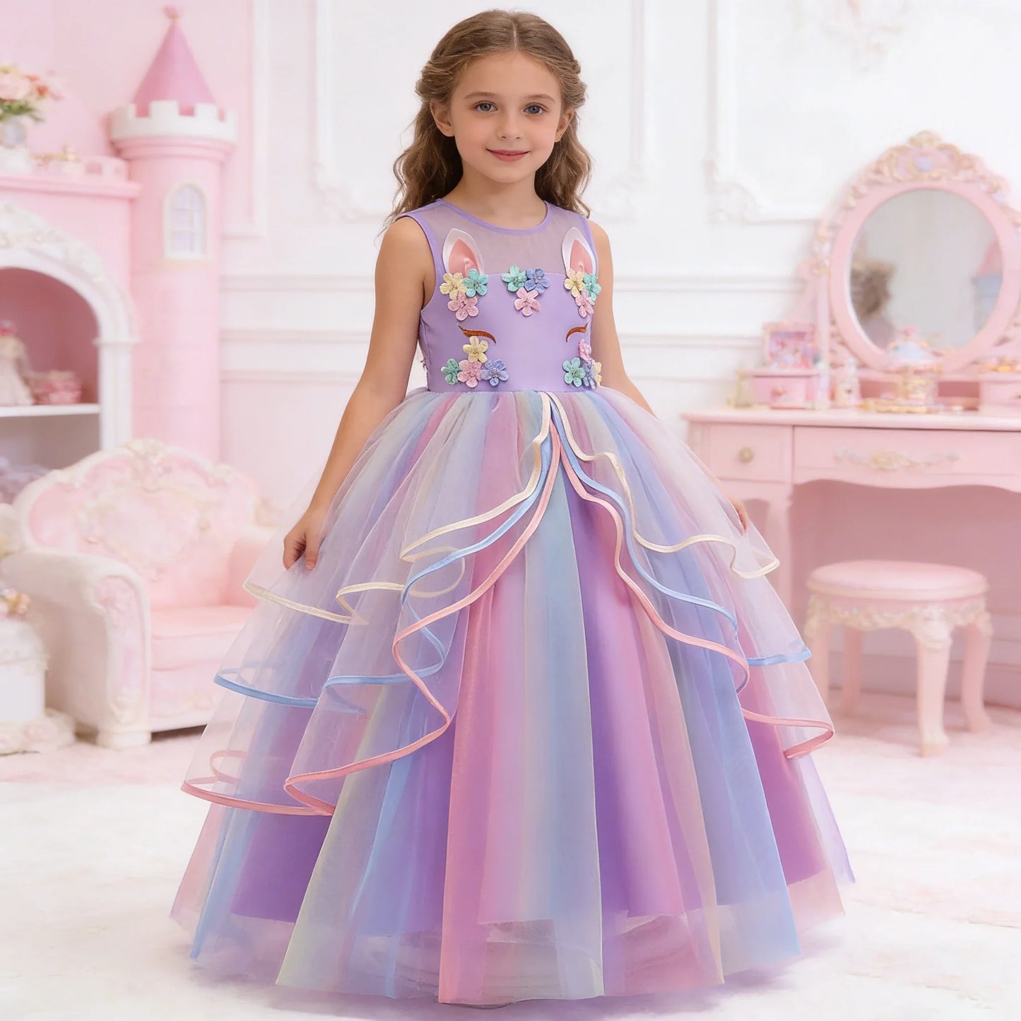 Girls Fantasy Unicorn Long Dress Rainbow Princess Girls Birthday Party Dress Children Kids Carnival Prom Gown for teen 3-12years