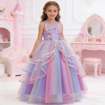 Girls Fantasy Unicorn Long Dress Rainbow Princess Girls Birthday Party Dress Children Kids Carnival Prom Gown for teen 3-12years