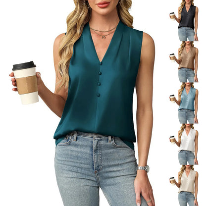 Women's Imitation silk Sleeveless Vest Top Summer Comfortable breathable V-Neck Shirt Tank Top Fashion Solid Color Elegant vest