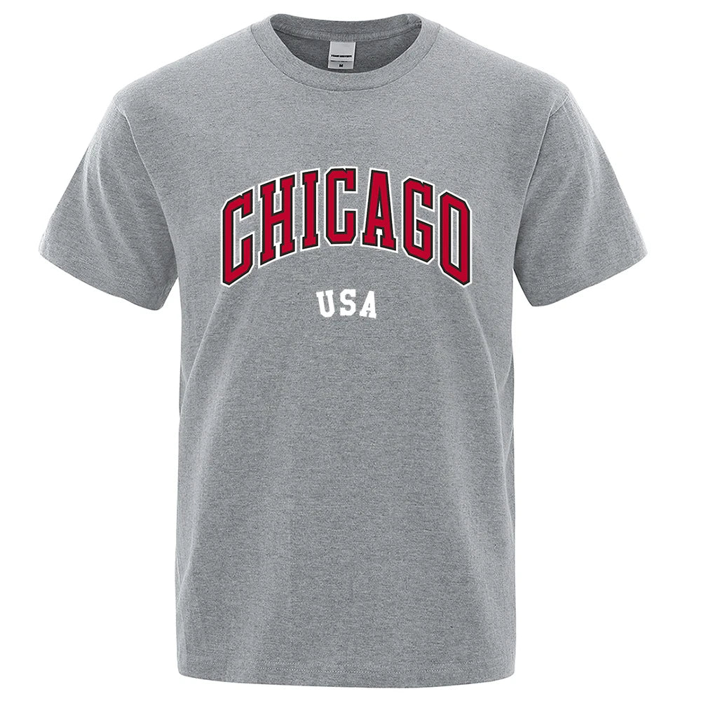 Chicago Usa City Street Letter Printing T Shirts Men Women Cotton Shirt Loose Breathable T Shirts Fashion O-Neck Oversized Tops