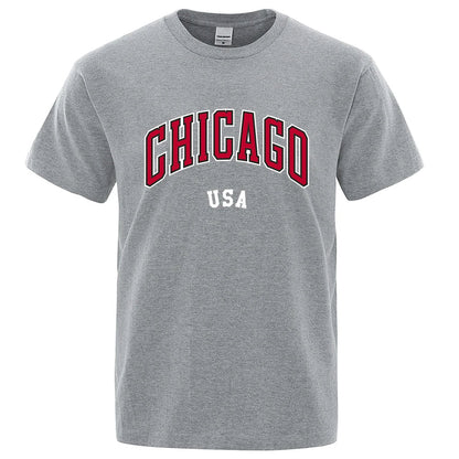 Chicago Usa City Street Letter Printing T Shirts Men Women Cotton Shirt Loose Breathable T Shirts Fashion O-Neck Oversized Tops