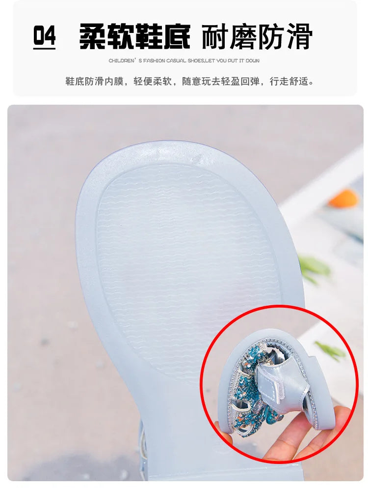 Girls Crystal Slip-On Shoes Soft Bottom Rhinestone Princess Flats Spring Autumn New Style Kids Lightweight Sweet Leather Shoes