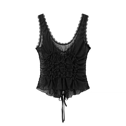 Women Fashion Solid Pleated Lace Up Slim Fitting Camis Vintage Straps V-Neck Female Chic Lady Tank Tops