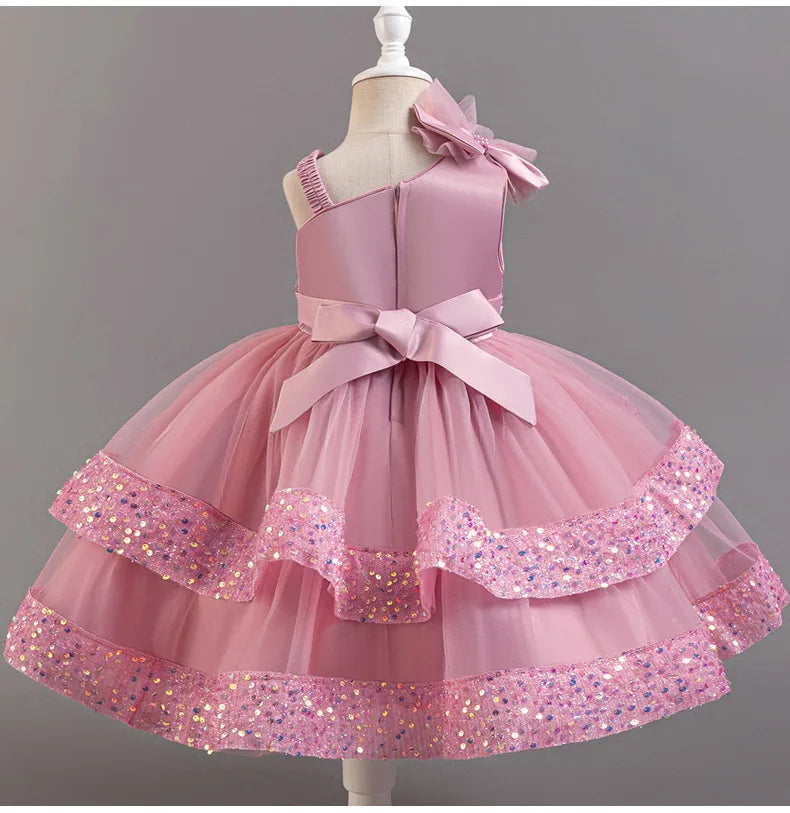 Girl's New Sequined Bow Irregular Collar Mesh Princess Dress Christmas Birthday Party Sweet and Cute Evening Dress