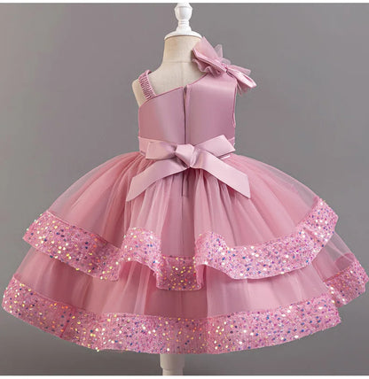 Girl's New Sequined Bow Irregular Collar Mesh Princess Dress Christmas Birthday Party Sweet and Cute Evening Dress