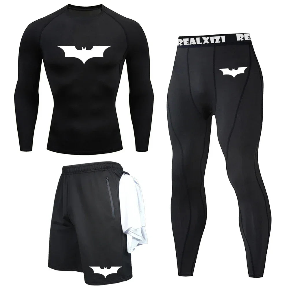 Bat Graphic Print Long Sleeve Set Men's Compression T-Shirt Shorts Pants Suit 3 Piece Set Spring Summer Gym Fitness Sportswear
