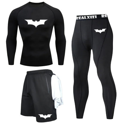 Bat Graphic Print Long Sleeve Set Men's Compression T-Shirt Shorts Pants Suit 3 Piece Set Spring Summer Gym Fitness Sportswear