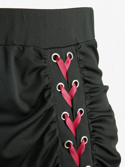 Plus Size Grommets Lace-Up Ruffles Ruched High-Low Skirt Adjustable Tie Waist Maxi Skirt for Women Oversize Black Skirts