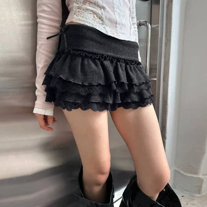 Sweet Cute Lace Fluffy Cake Skirt Korean Casual Elastic Low Waist Mini Skirt Y2K Women Clothing Summer Harajuku 2026