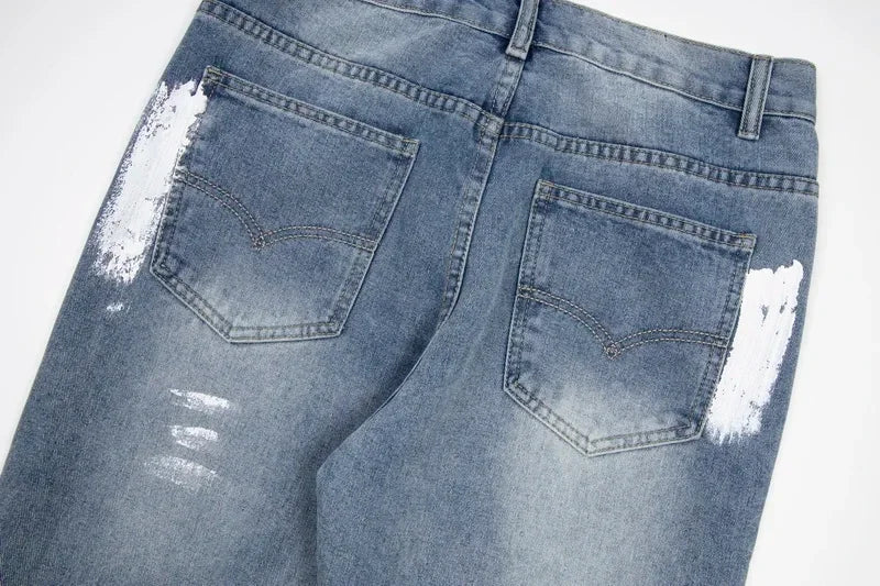 American retro washed letter spliced denim trousers high street trendy brand couple loose straight micro-flared long trousers
