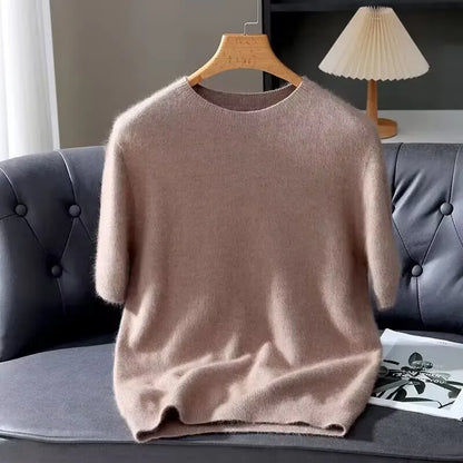 Men's Sweater Pullover Short Sleeved Summer Mink Knit Sweater Loose Round Neck Solid Color Half Sleeved Simple T-Shirt Casualtop