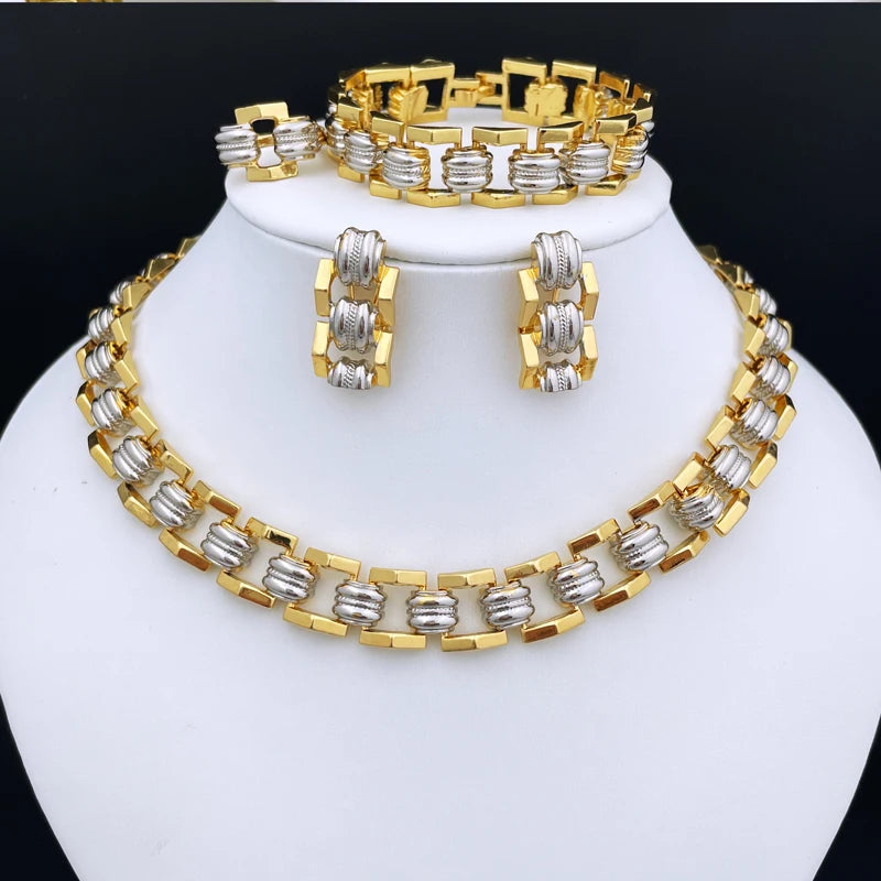 Conjunto de Joias de Alta Qualidade para Mulheres Dubai Nigéria Joias de Festa Colar Brincos Pulseira e Anel Presente para Festa de Casamento
