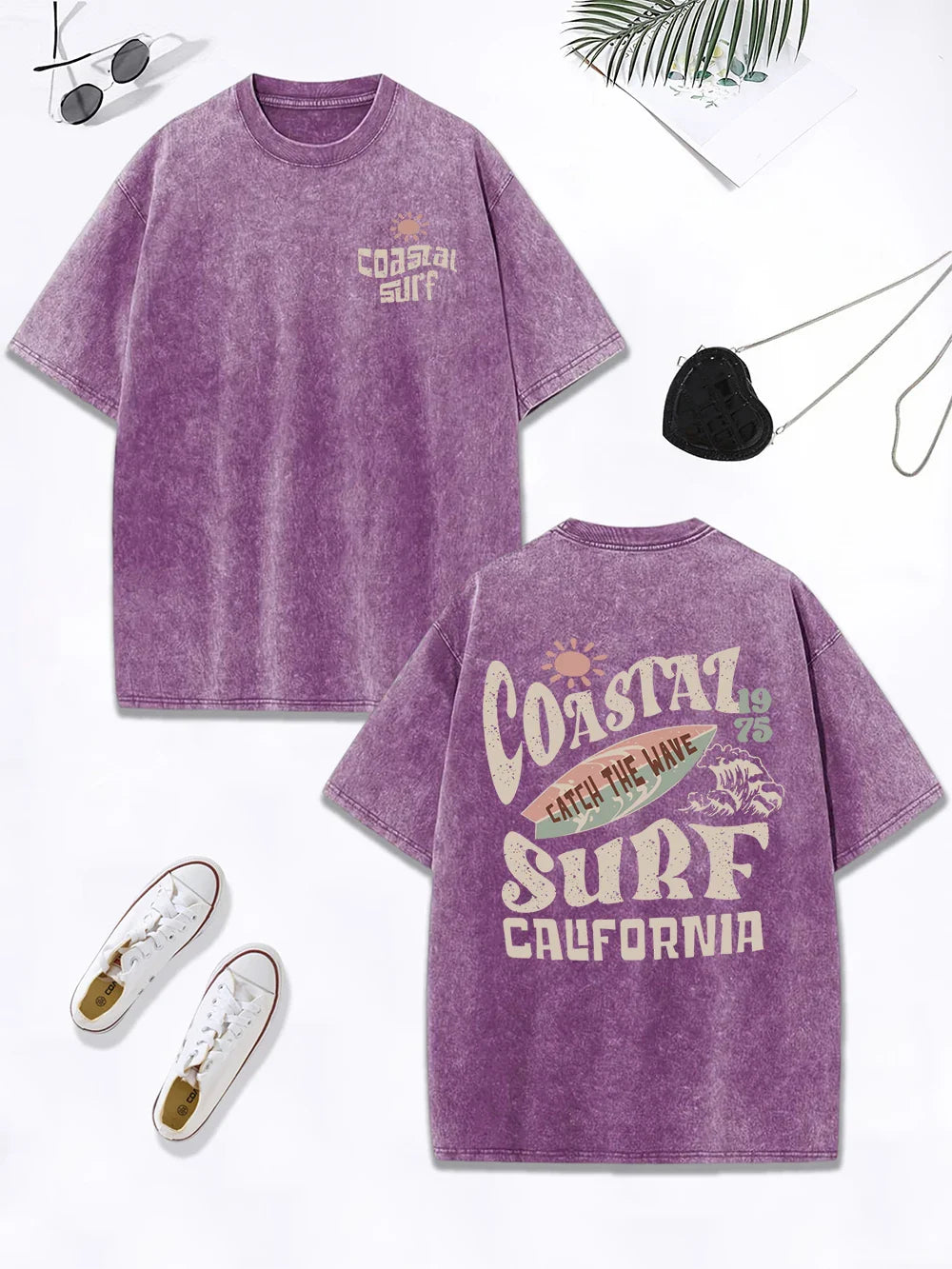 Surf Catch The Wave California Prints Washed T-Shirt Women Cotton Oversize Tops Distressed O-Neck T Shirt Summer Clothes