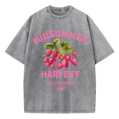 Men's Cotton T-shirt California Strawberry Printed Washed T-shirt Comfortable Round Neck Top Men's Summer Clothing