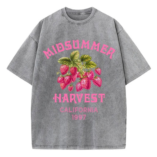Men's Cotton T-shirt California Strawberry Printed Washed T-shirt Comfortable Round Neck Top Men's Summer Clothing